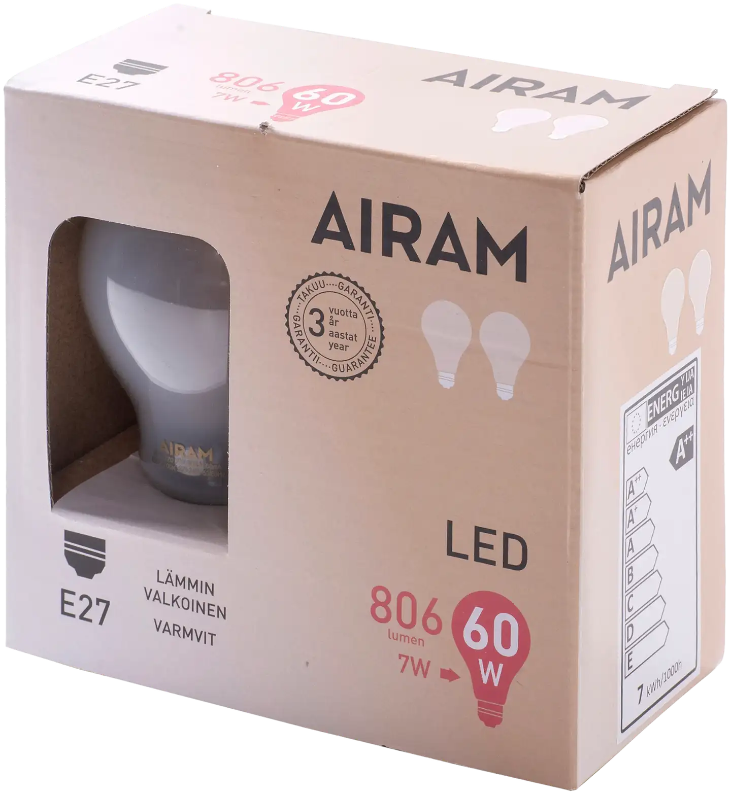 Airam Led himmeä 7W vakio E27 2700K 806lm 12 000h 2pack - 1