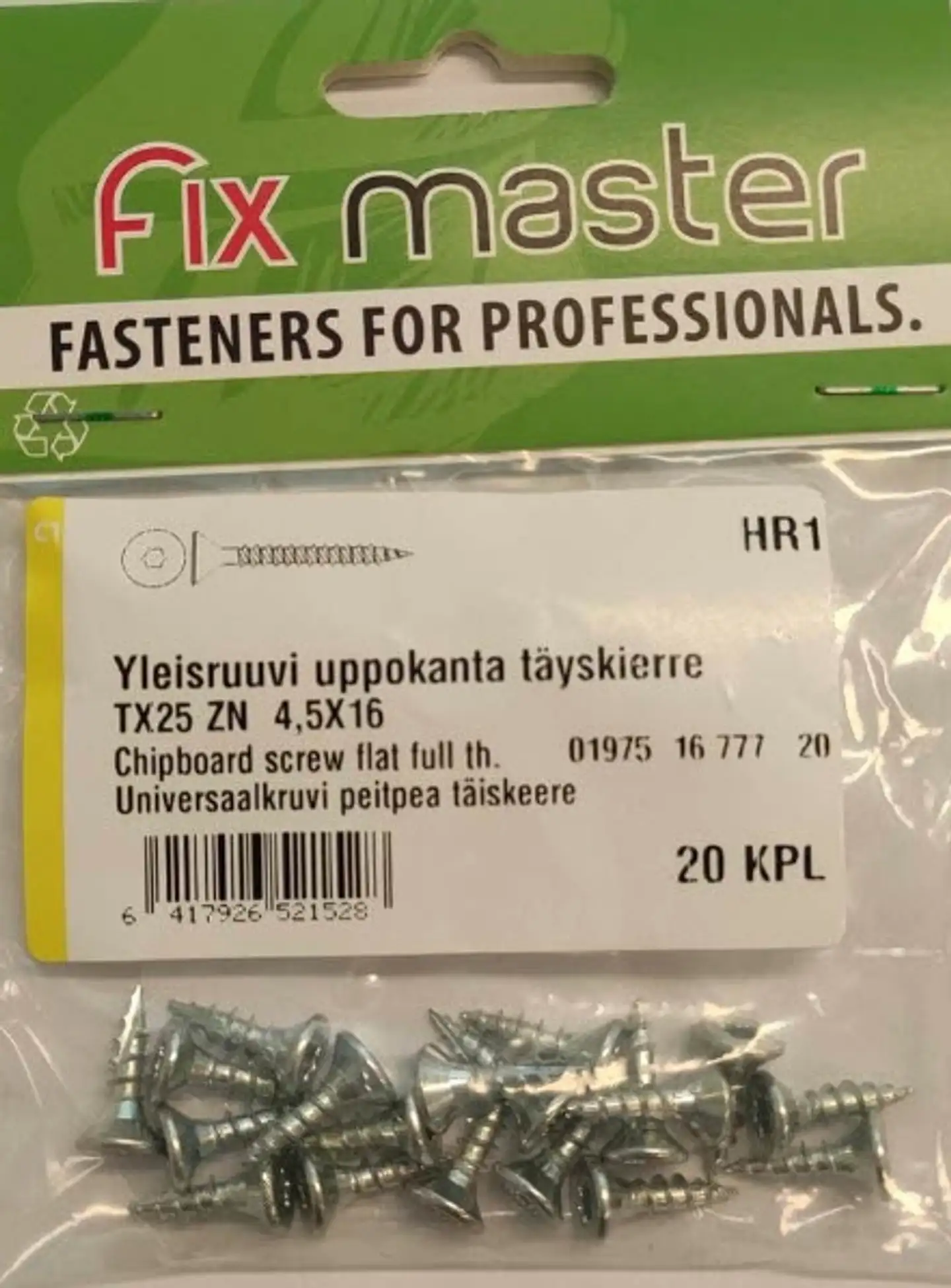 Fix Master yleisruuvi uppokanta osakierre torx25 4,5x16  sinkitty 20kpl