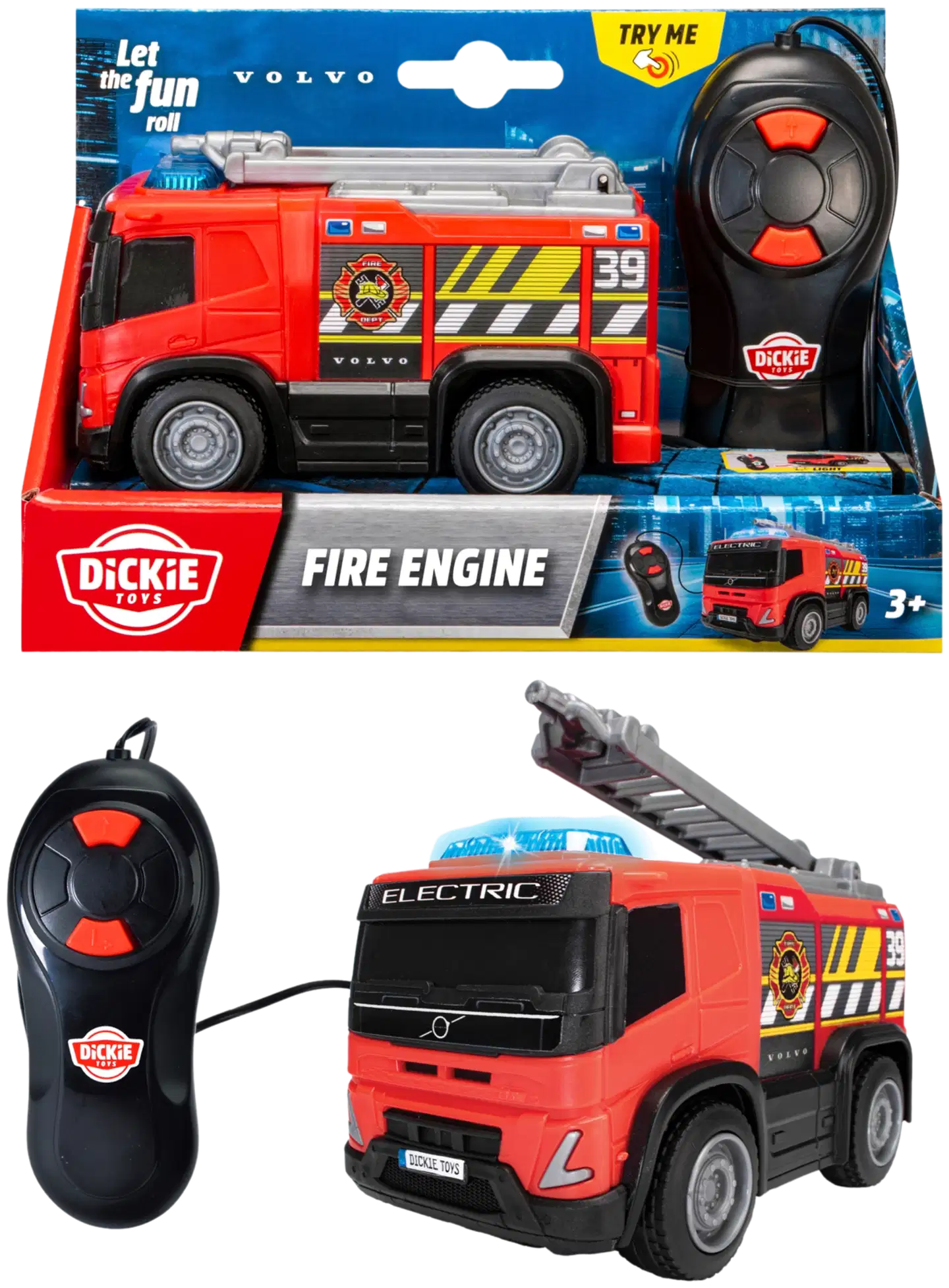 Dickie Toys - BMW poliisiauto, Volvo paloauto tai Volvo minikavinkone ja ohjain, 3 erilaista, myydään yksittäin - 3