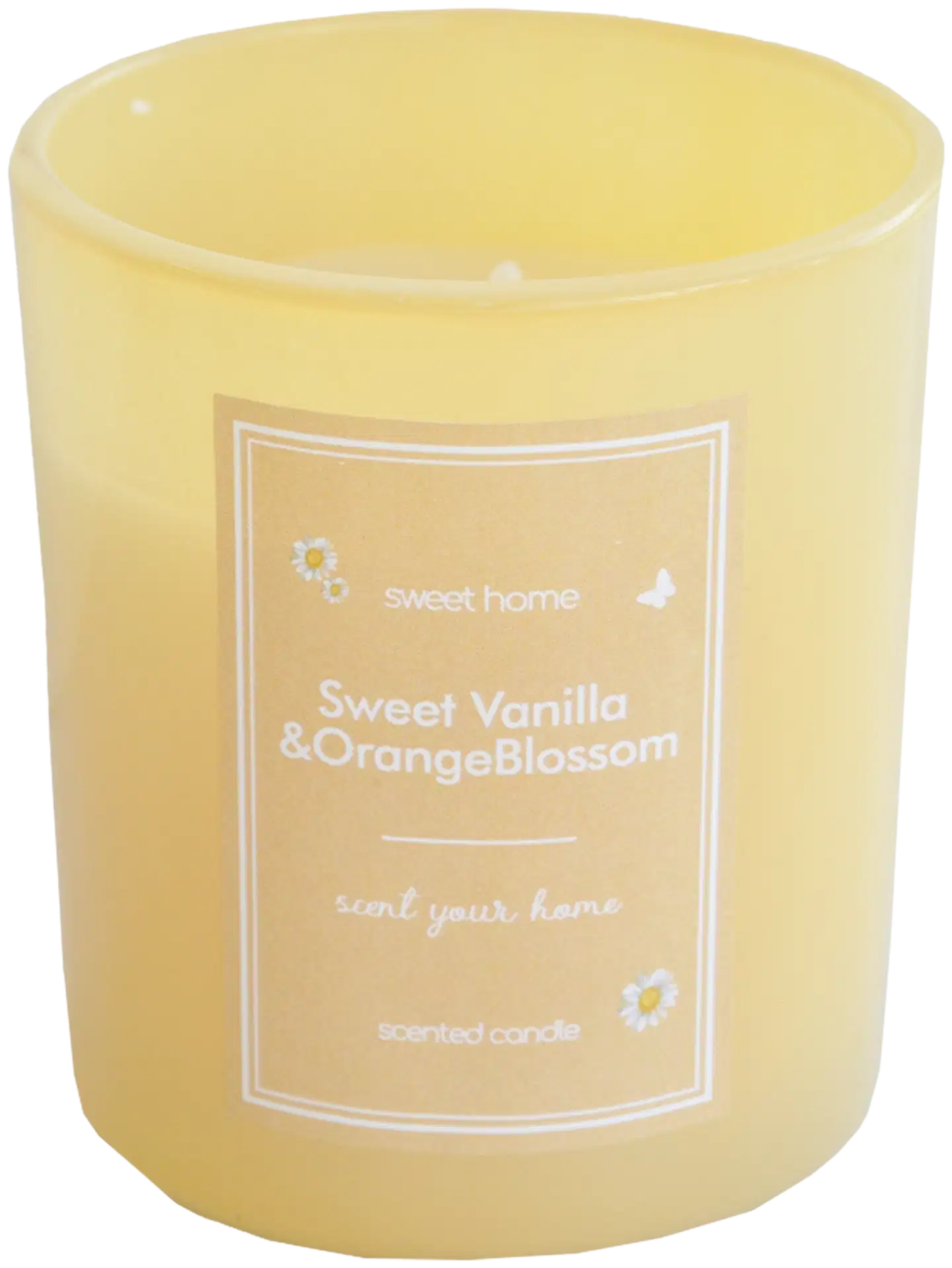 Lasikynttilä 7,5x8 cm paketissa keltainen, tuoksu Sweet Vanilla/Orange Blossom - 2