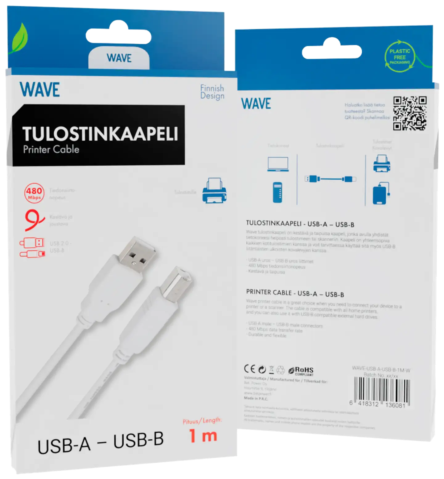 Wave USB2.0 (USB-A uros - USB-B uros) tulostinkaapeli, 1m, Valkoinen - 2