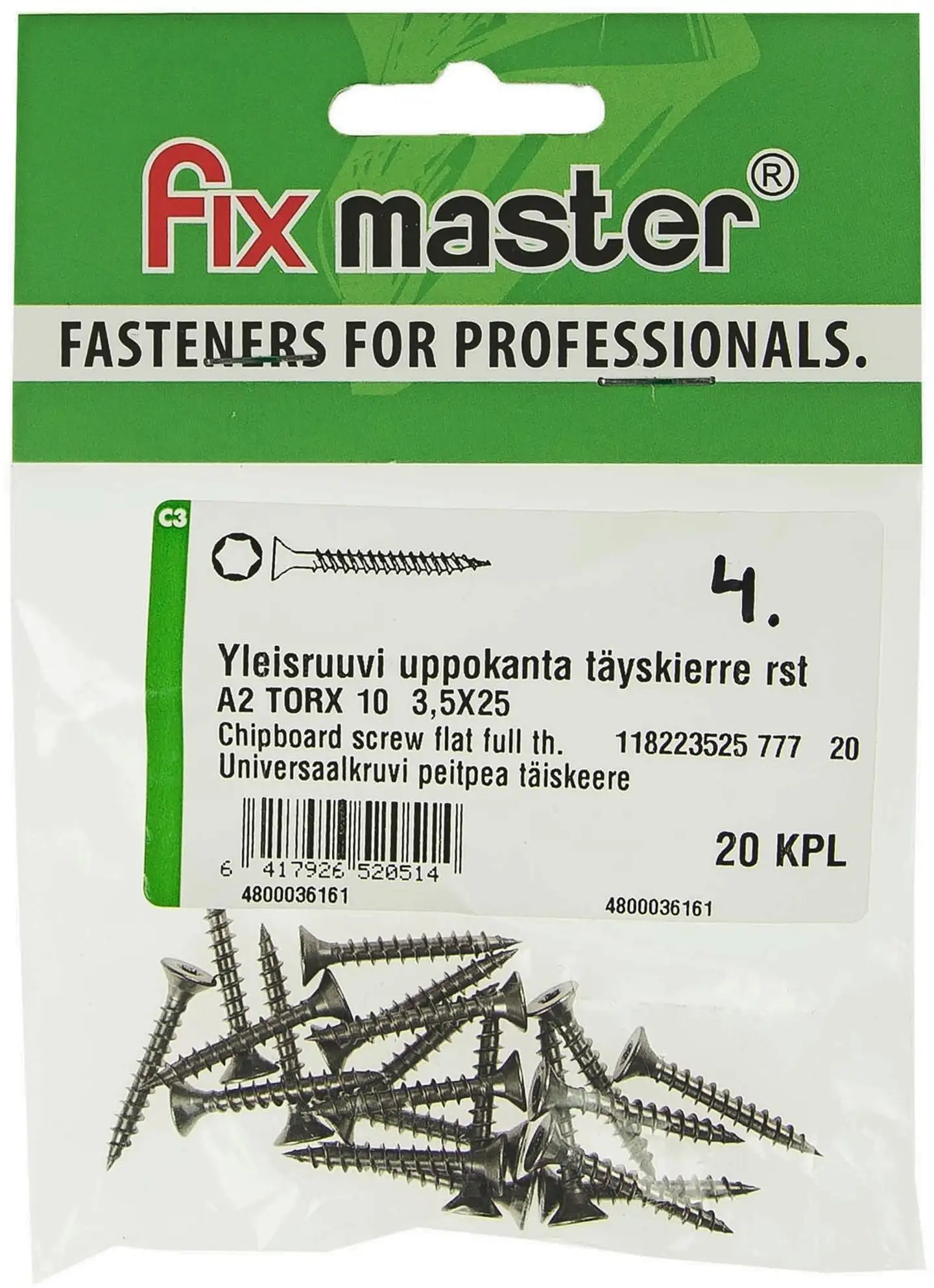 Fix Master yleisruuvi uppokanta täyskierre A2 torx10 3,5X25 20kpl