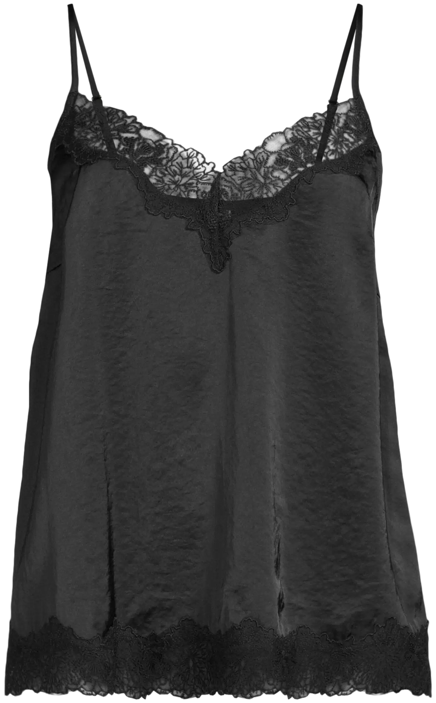 WKLY. Naisten satiini toppi, pitsisomisteet pääntiellä ja helmassa, säädettävä olkain - BLACK - 2