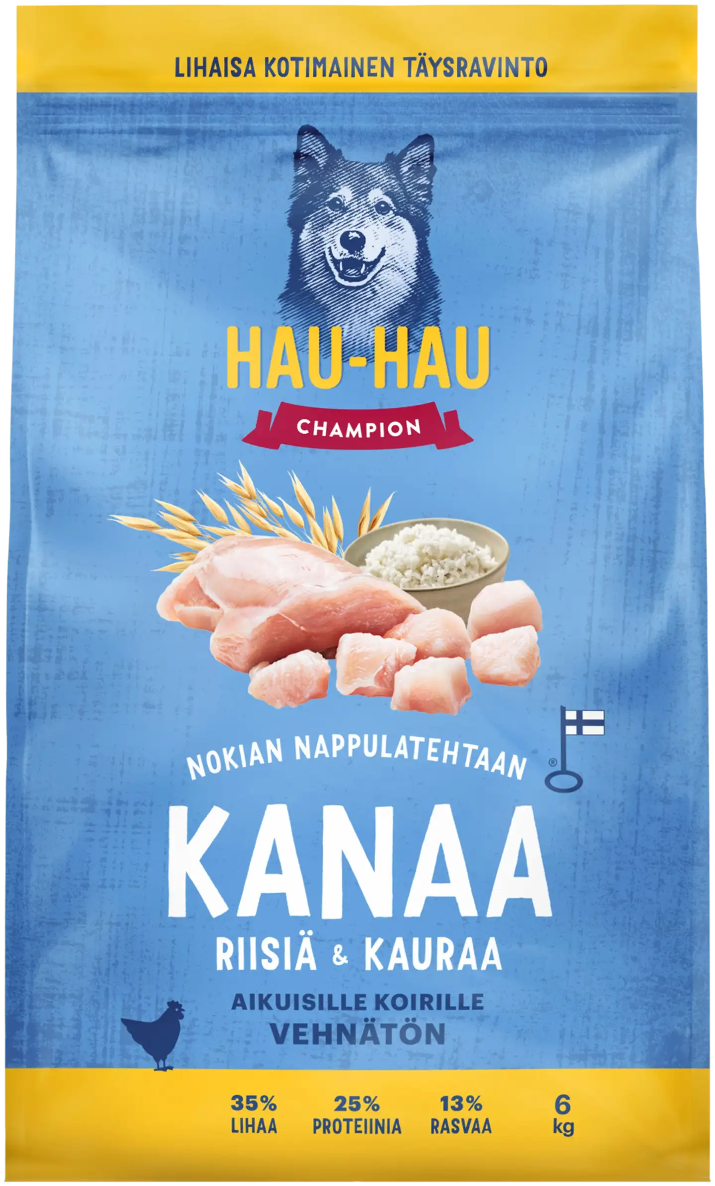 Hau-Hau Champion Nokian Nappulatehtaan Kanaa, riisiä & kauraa täysravinto aikuisille koirille 6 kg