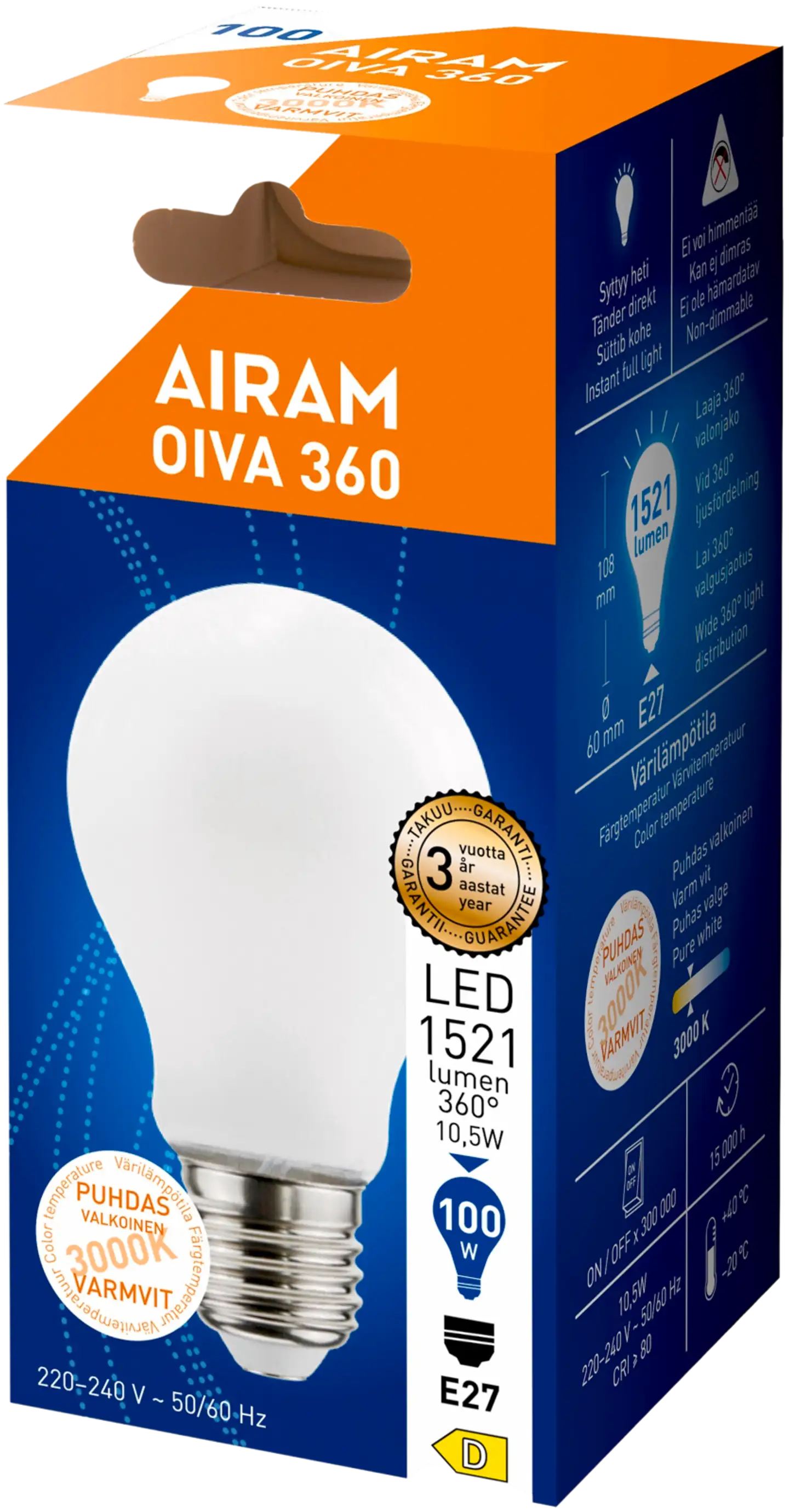 Airam LED OIVA Vakio 10,5W 1521lm 3000K E27 - 2