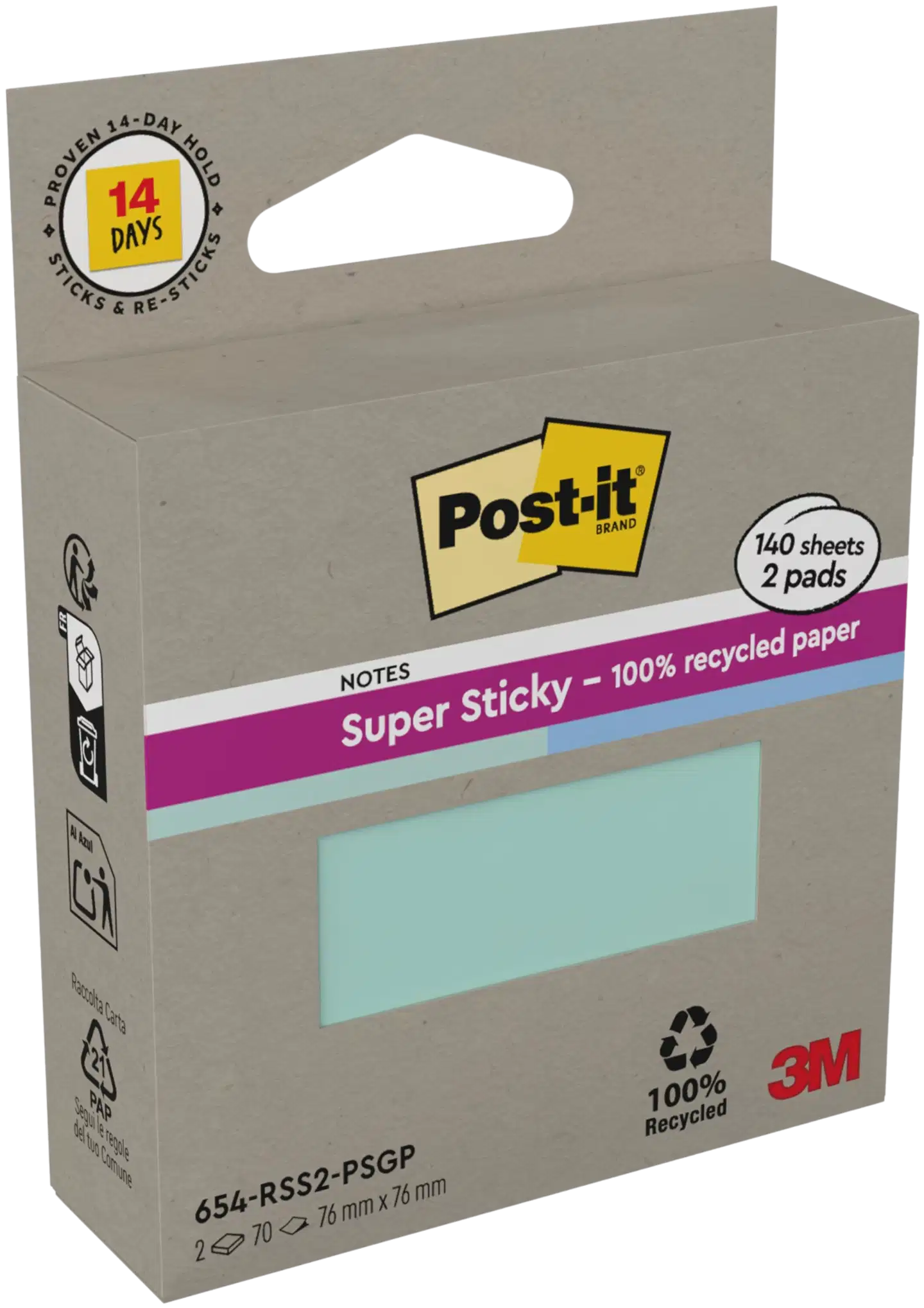 Post-it® Super Sticky 100% Recycled -viestilaput 654-RSS2-PSGP, mintunvihreä ja sininen, 76 mm x 76 mm, 70 viestilappua/lehtiö, 2 lehtiötä/pakkaus - 3