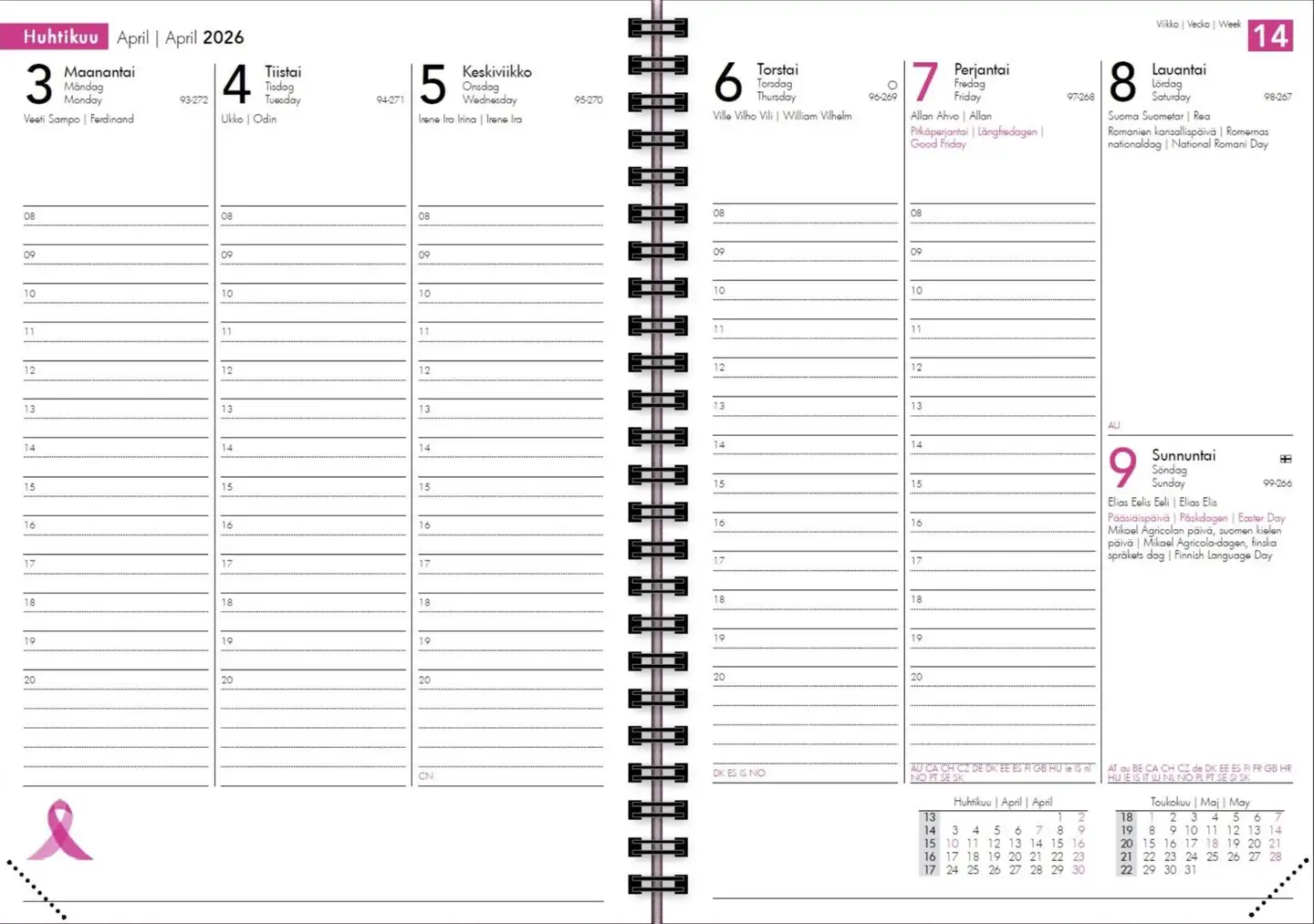 Vuosikalenteri Roosa nauha A5 2026 ruusukulta - 2