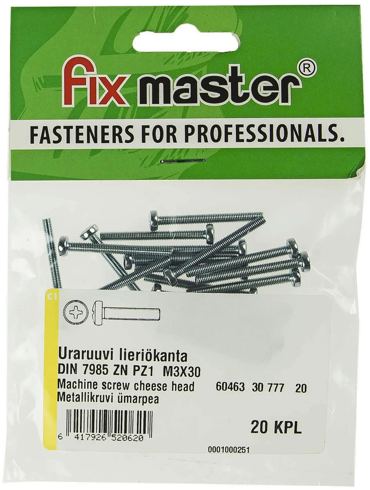 Fix Master uraruuvi kupukanta PZ1 M3X30 sinkitty 20kpl