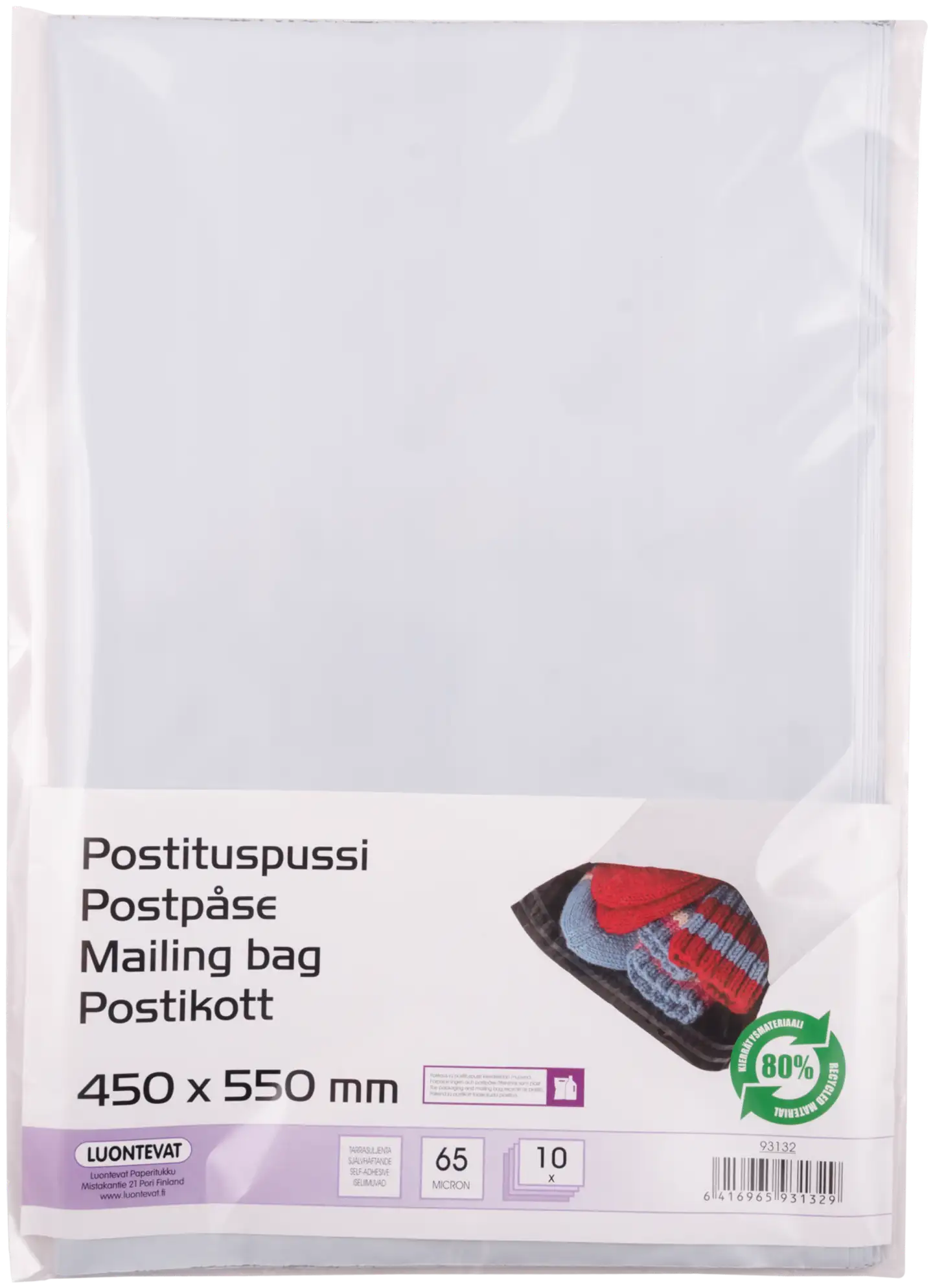 Luontevat postituspussi 450x550 mm valkoinen tarrasuljenta 10 kpl - 1