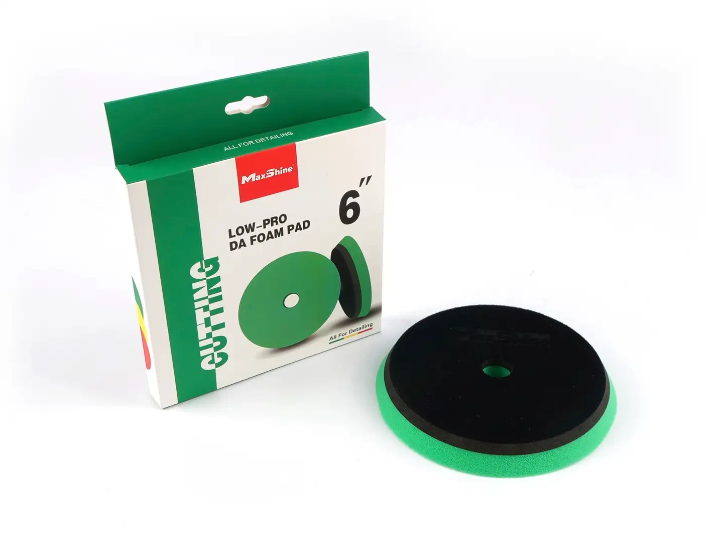 Maxshine 2071170G matalaprofiilinen kiillotuslaikka 6" – vihreä/musta, saksalainen vaahtomuovi, tarrakiinnitys, keskireikä lämmönpoistoon, poistaa tehokkaasti naarmut ja hapettumat - 2
