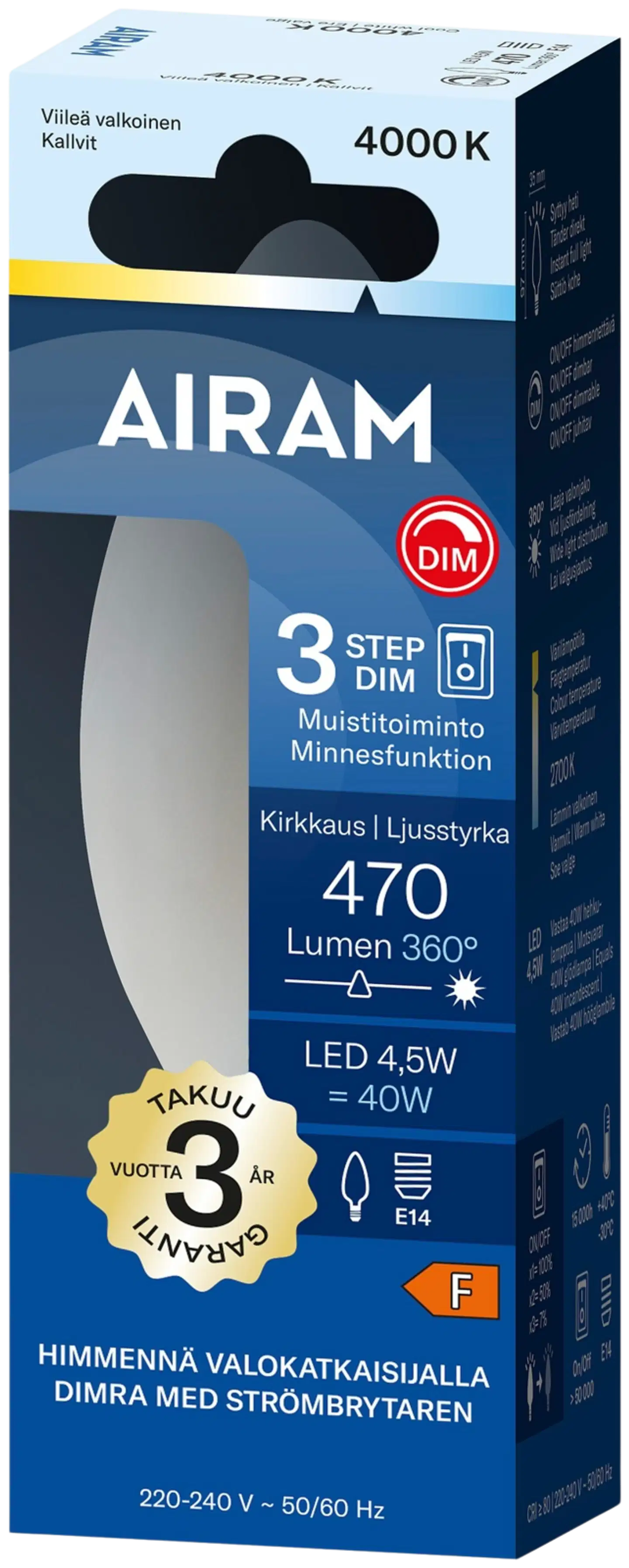 Airam LED Otso 3-step opaali 360° kynttiläkupu E14 4000K 470lm - 2