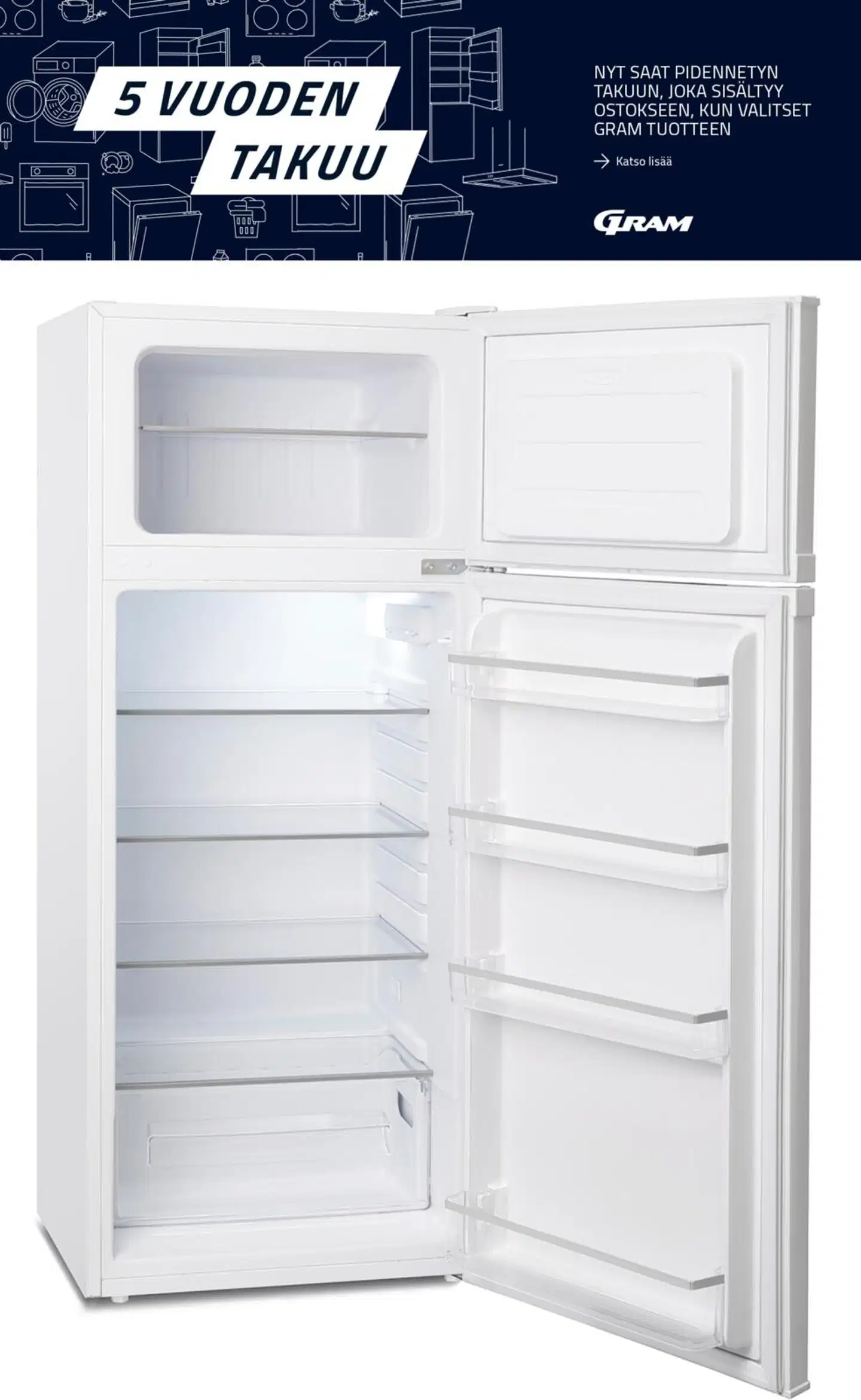 Gram jääkaappi pakastelokerolla KF 611454, korkeus 140cm, valkoinen - 1