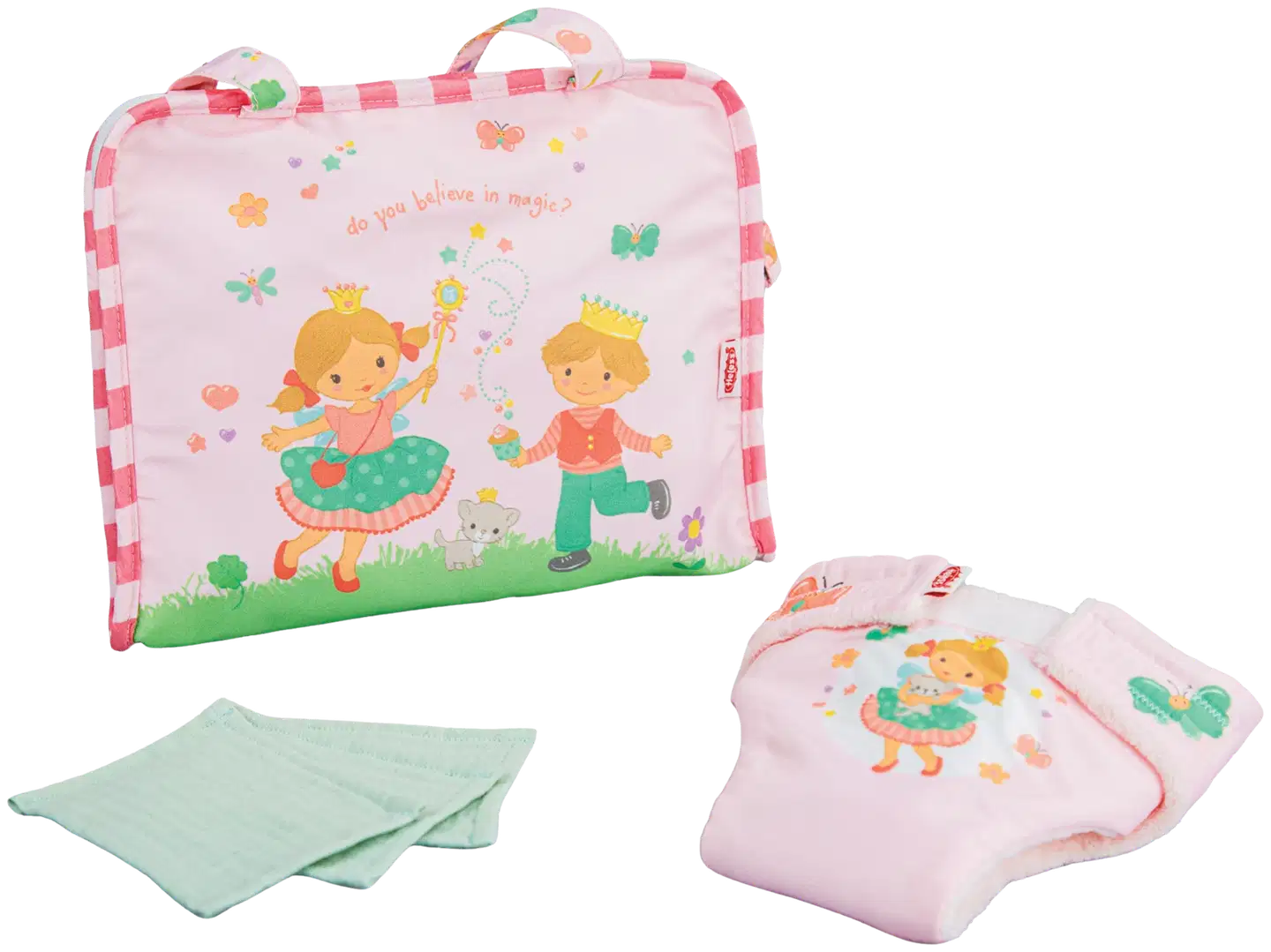 Nuken hoitolaukku "Prinsessa Emily" vaippakankaan ja kolmen harsokankaan kanssa. 35-45 cm nukelle - 1