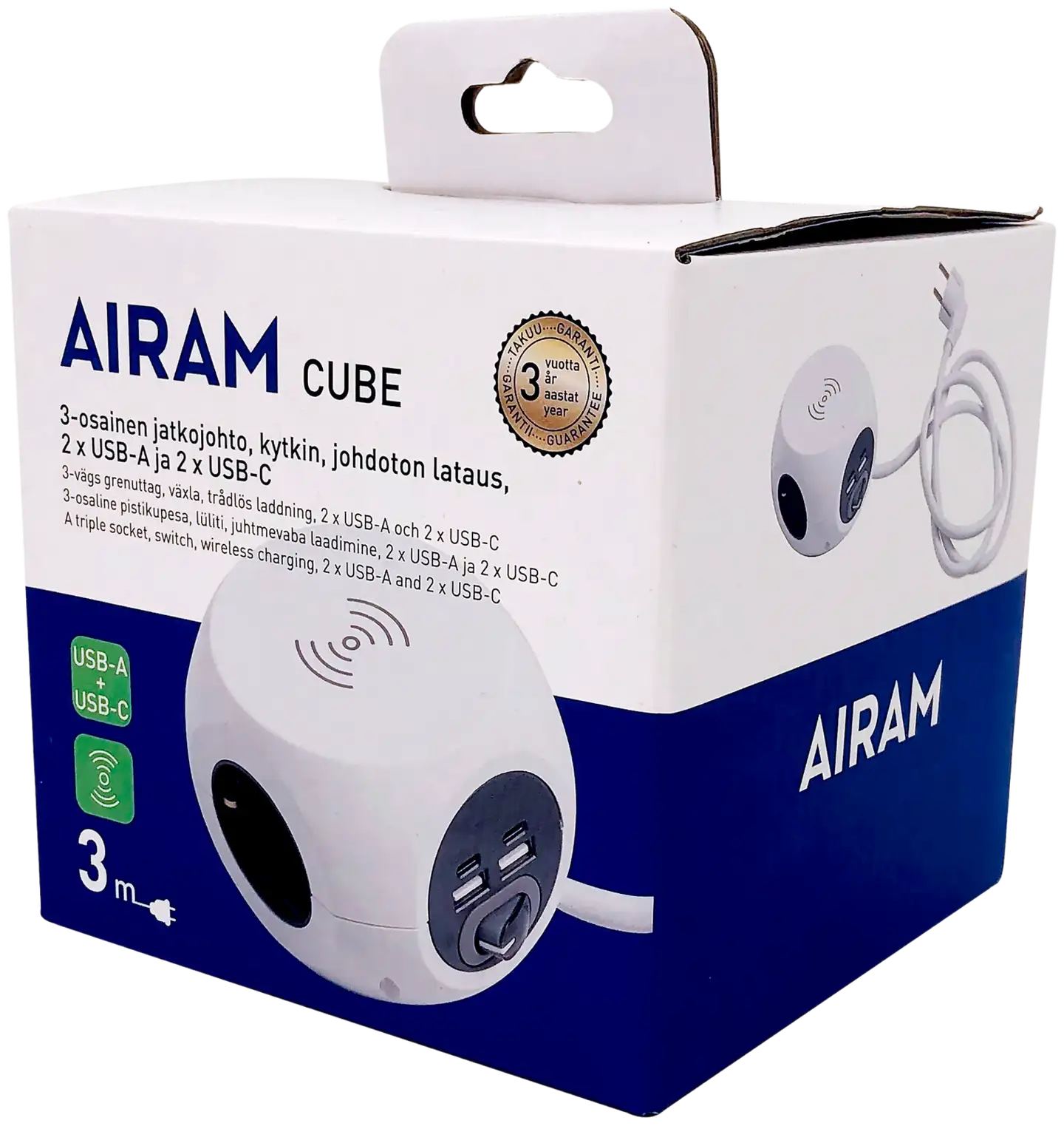 Airam Cube 3-os. kytkin WC 4USB 3m 2 X USB-A 2 X USB-C langaton lataus - 3