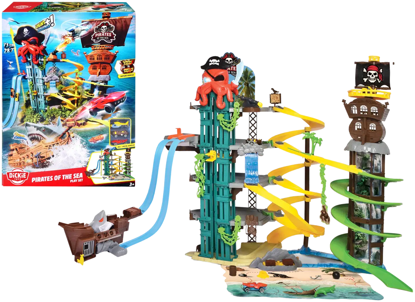 Dickie Toys - Pirates of the Sea, 3 metallivalettua (die-cast) autoa ja 5 tasoinen autoleikkirata, jossa mm- ääni- ja valotehtosteet