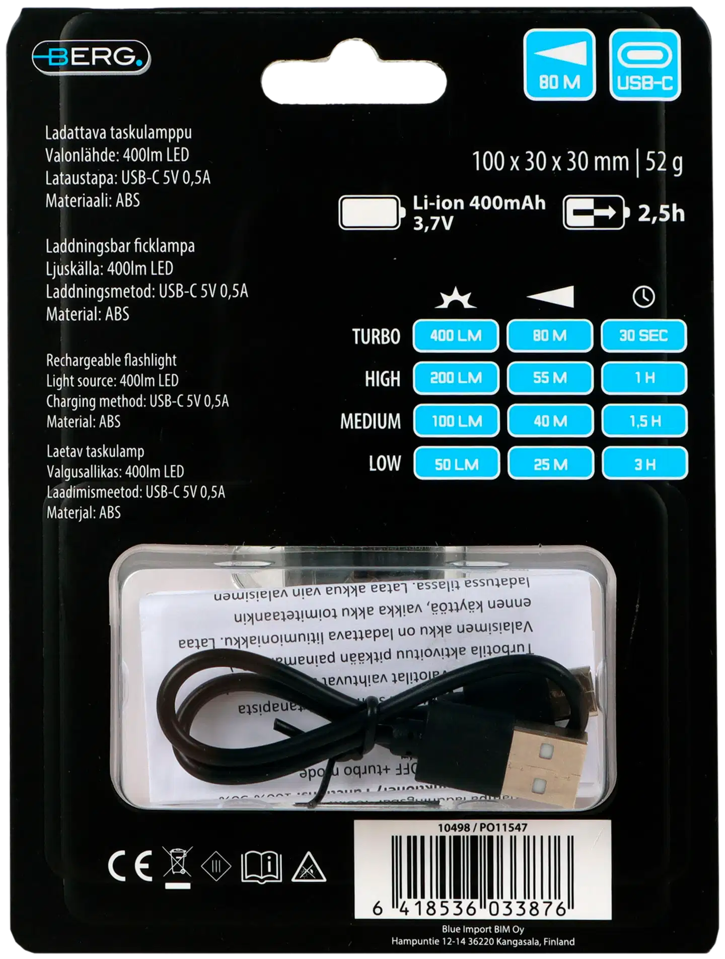 Berg Taskulamppu ladattava mini 400lm harmaa, klipsi - 11