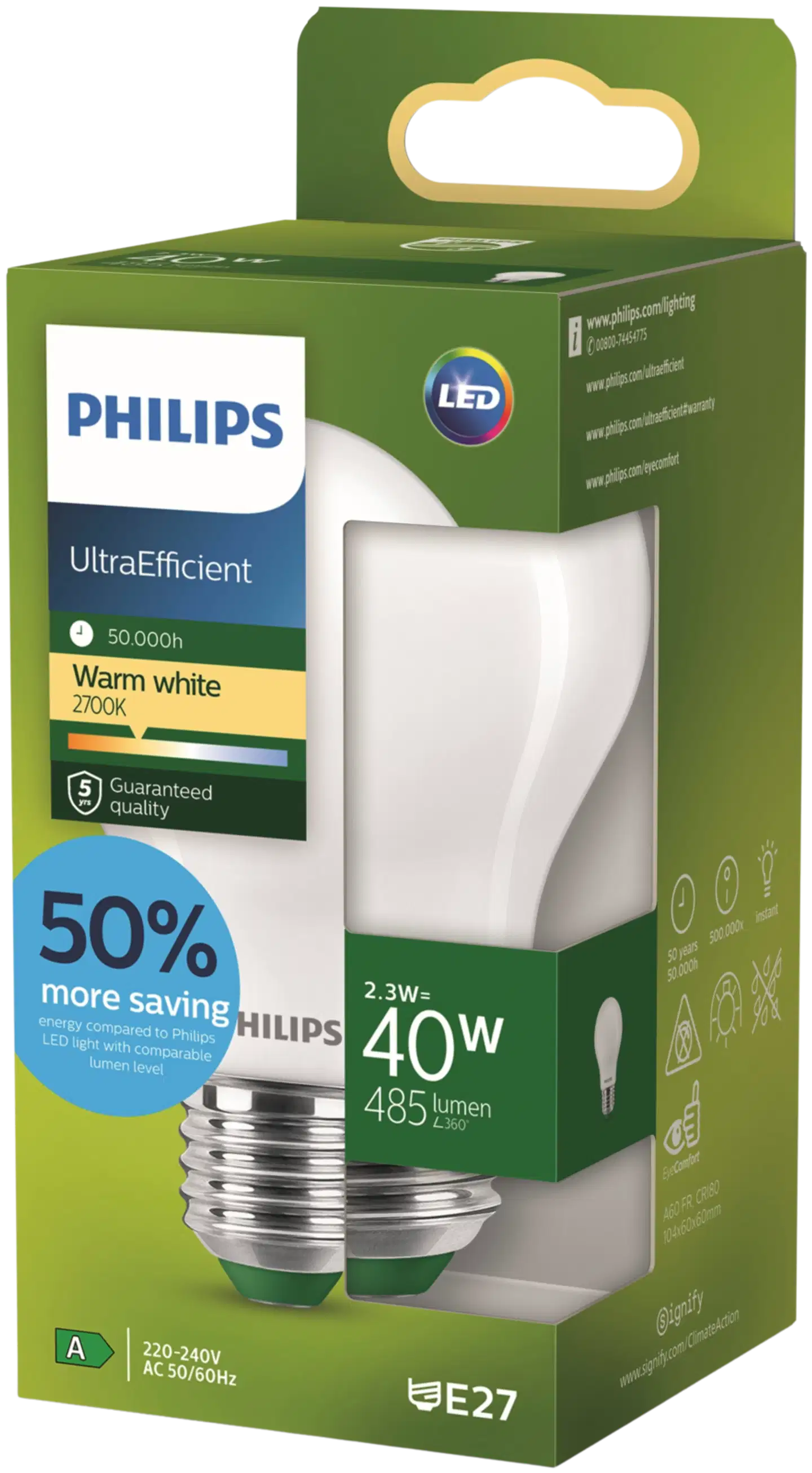 Philips Ultra Efficient LED-lamppu 2W A60 E27 2700K 485LM huurrettu - 2