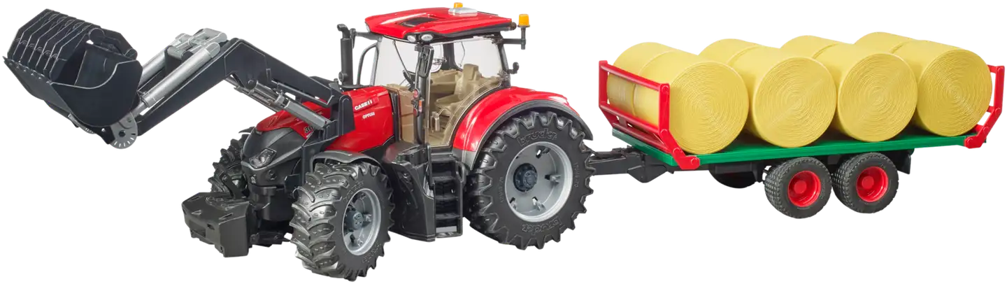 Bruder Case IH Optum 300 CVX traktori etukuormaajalla, paalivaunulla ja paaleilla