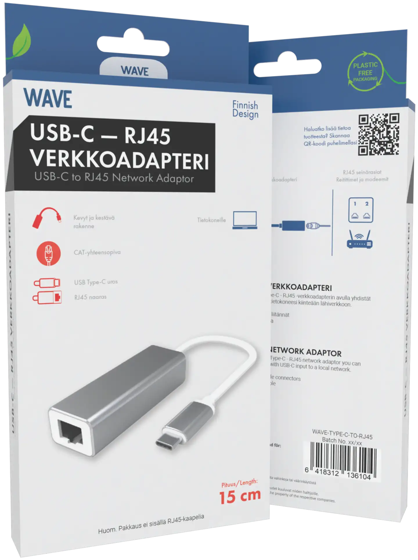 Wave USB Type-C uros - RJ45 naaras verkkoadapteri, 15cm, Hopea/Valkoinen - 2