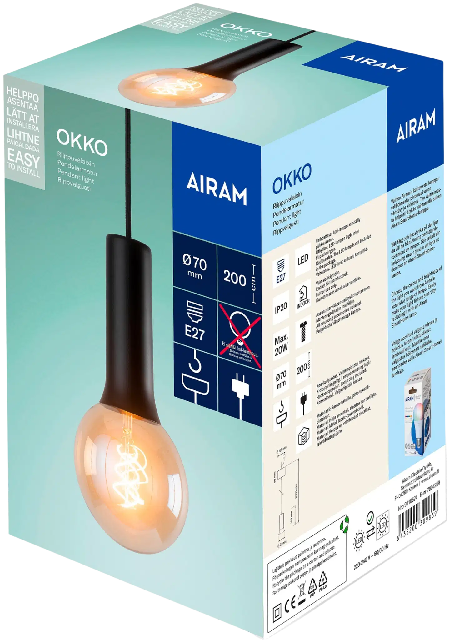Airam Okko ripustijohto 2m E27 musta - 2