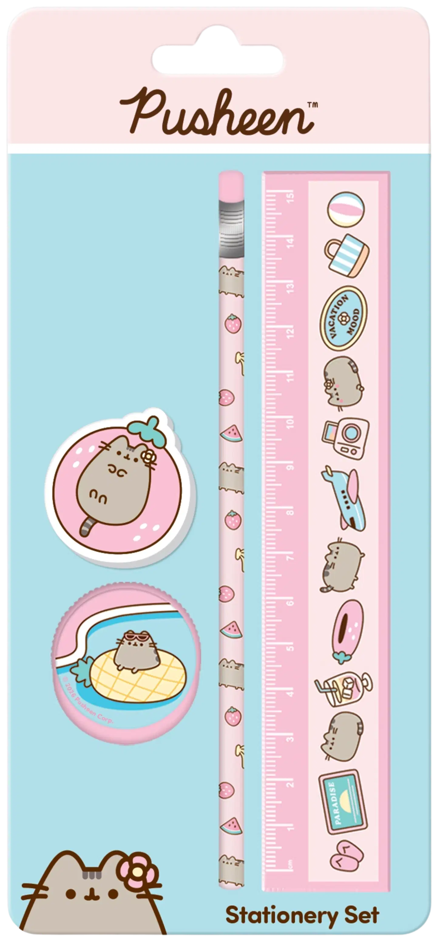 Pusheen Tropical 4 os. kirjoitussetti, sis. Viivain, lyijykynä, pyyhekumi, teroitin
