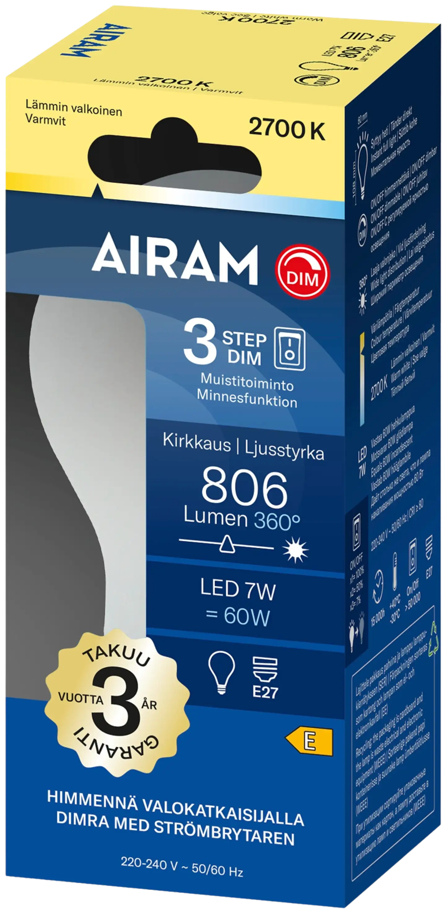 Airam Onni 3step 360° E27 2700K 806lm - 2