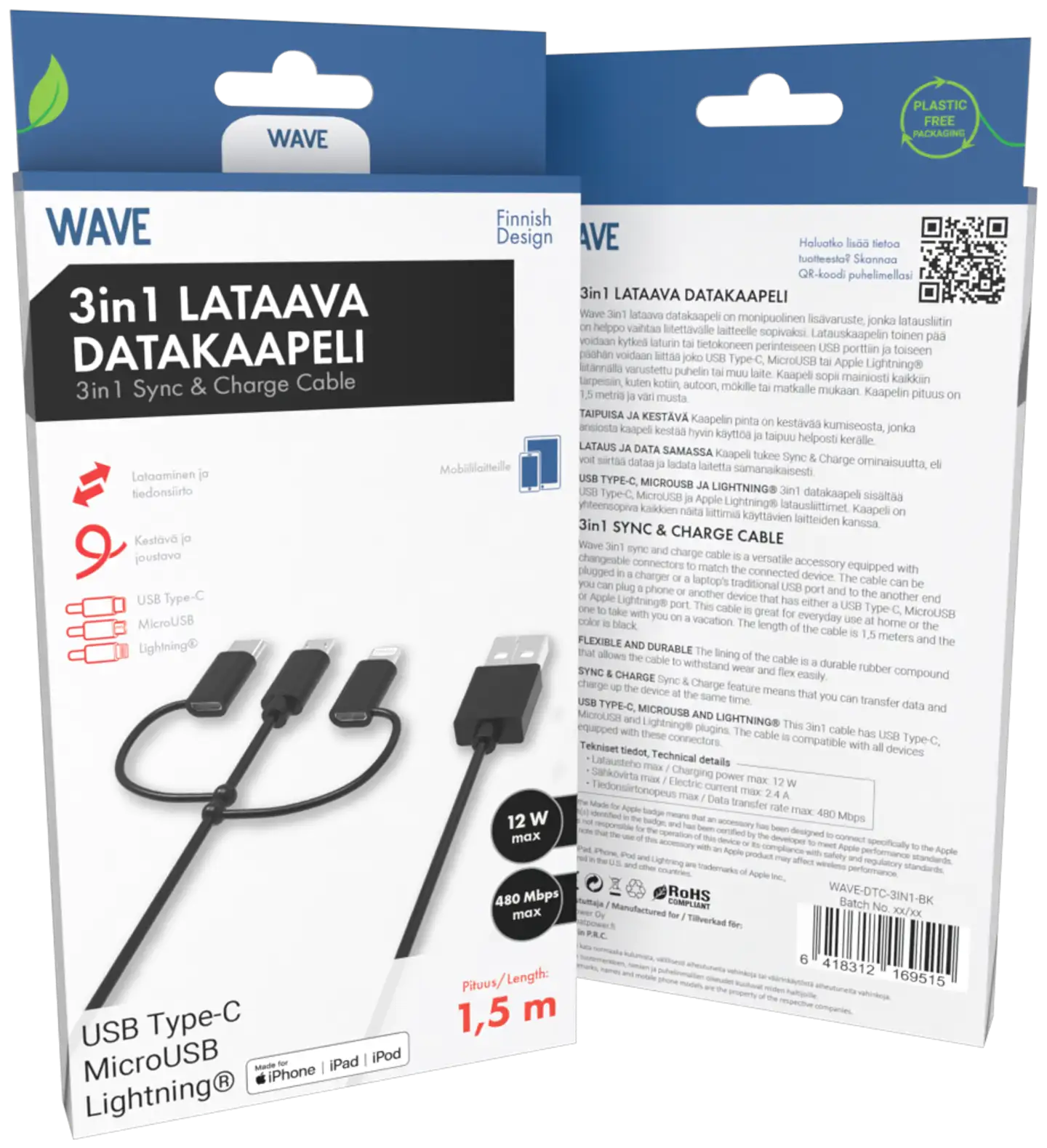 Wave 3-in-1 Latauskaapeli, USB Type-C / MicroUSB / Apple Lightning® (MFI), 1,5m, Musta - 1