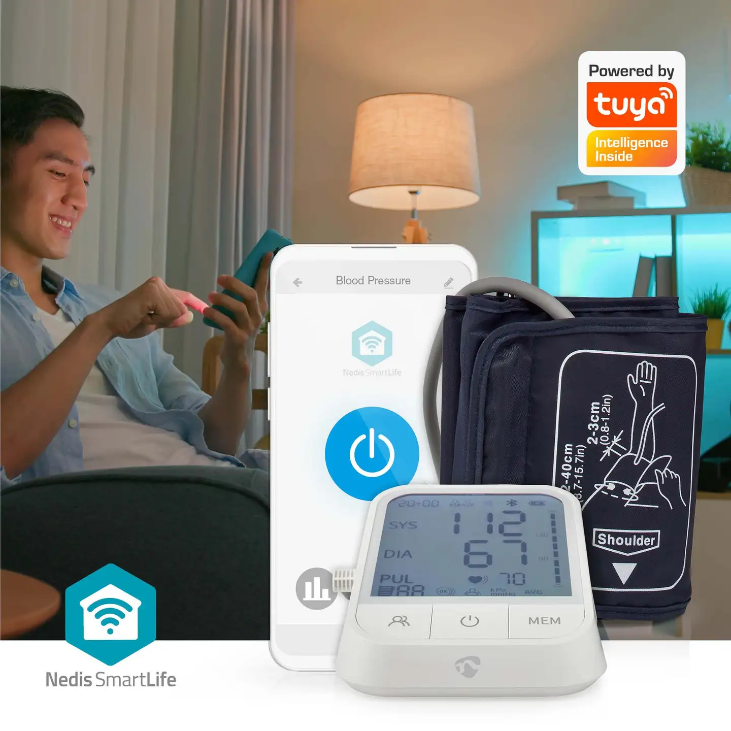 Nedis SmartLife Verenpainemittari  Käsi  Bluetooth  LCD-näyttö  22 - 42 cm  Epäsäännöllisen sydämenlyönnin havaitseminen / Mansetin käytön tunnistus / Pysy paikallasi -ilmaisu  Valkoinen - 7