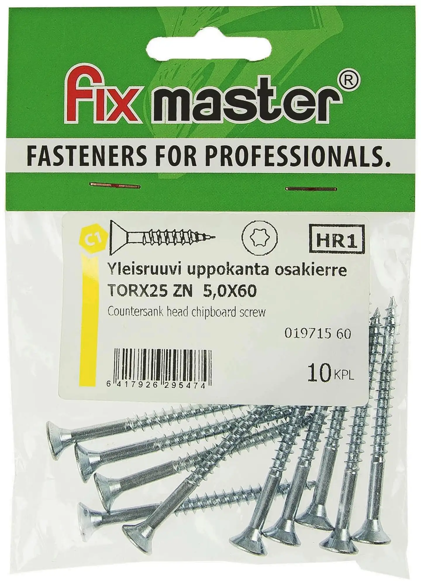 Fix Master yleisruuvi uppokanta osakierre 5,0X60 torx12 sinkitty 10kpl