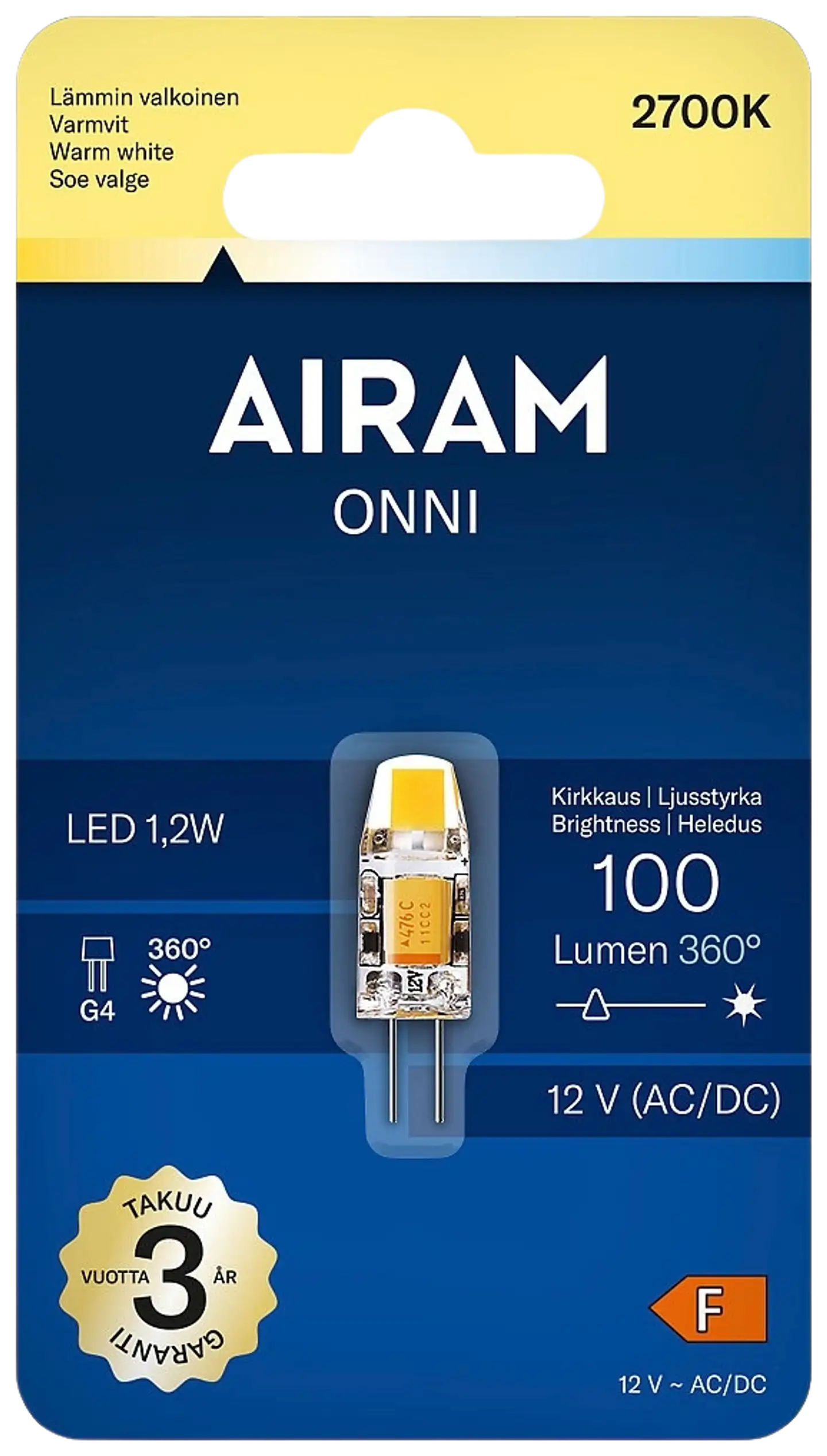 Airam led 1,2W G4 12V 100lm 2800K - 2