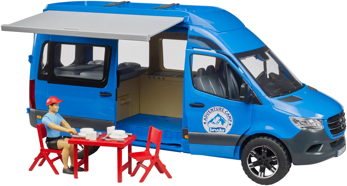 Bruder lelu MB Sprinter retkeilyauto kuljettajalla ja varusteilla - 1