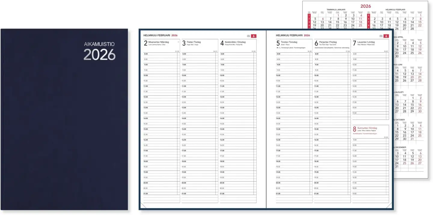 Pöytäkalenteri Aikamuistio ommeltu 2026, sininen