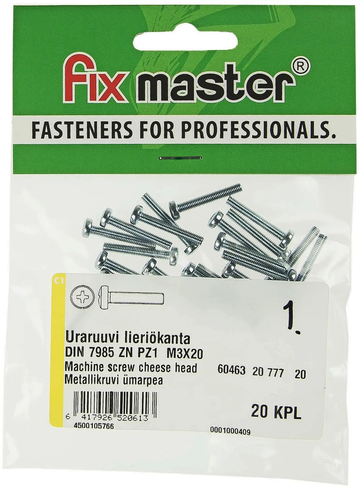 Fix Master uraruuvi kupukanta PZ1 M3X20 sinkitty 20 kpl