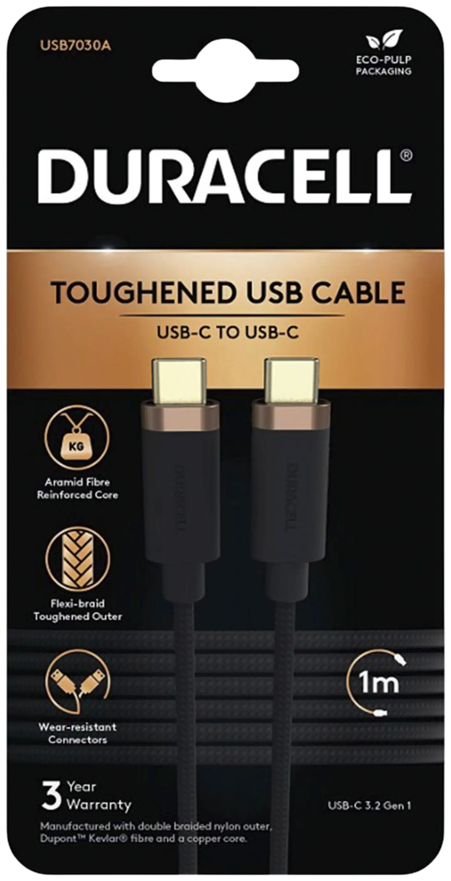 Duracell Punottu kaapeli USB C-C 1m musta - 1