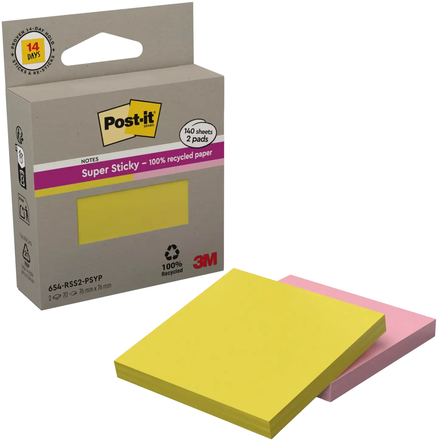Post-it® Super Sticky 100% Recycled -viestilaput, 654-RSS2-PSYP, keltainen ja vaaleanpunainen, 76 mm x 76 mm, 70 viestilappua/lehtiö, 2 lehtiötä/pakkaus - 1