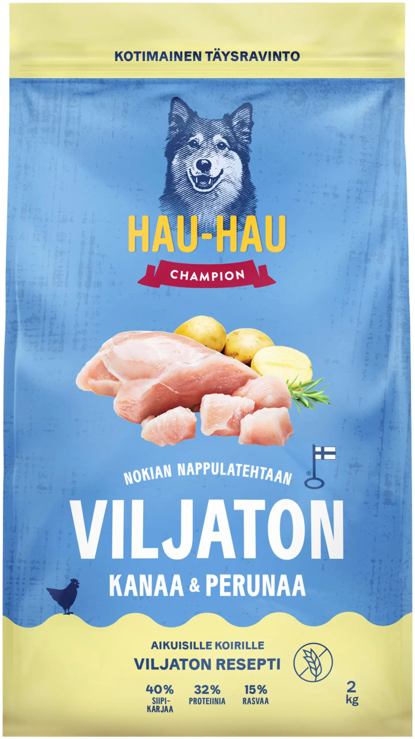 Hau-Hau Champion Nokian Nappulatehtaan Viljaton kanaa ja perunaa täysravinto aikuisille koirille 2 kg