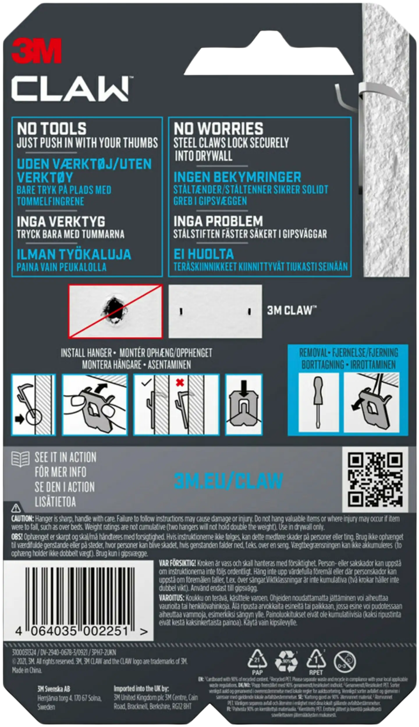 3M CLAW™-taulukoukku kipsilevylle, 7 kg 3PH7-2UKN, 2 ripustuskoukkua - 11