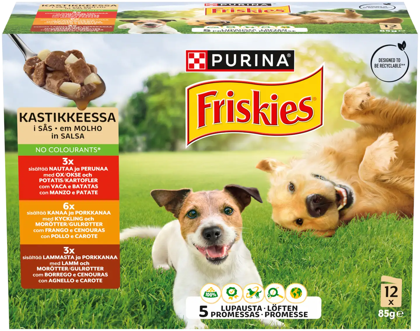 Friskies 12x85g adult nautaa, lammasta ja kanaa kastikkeessa lajitelma 3 varianttia