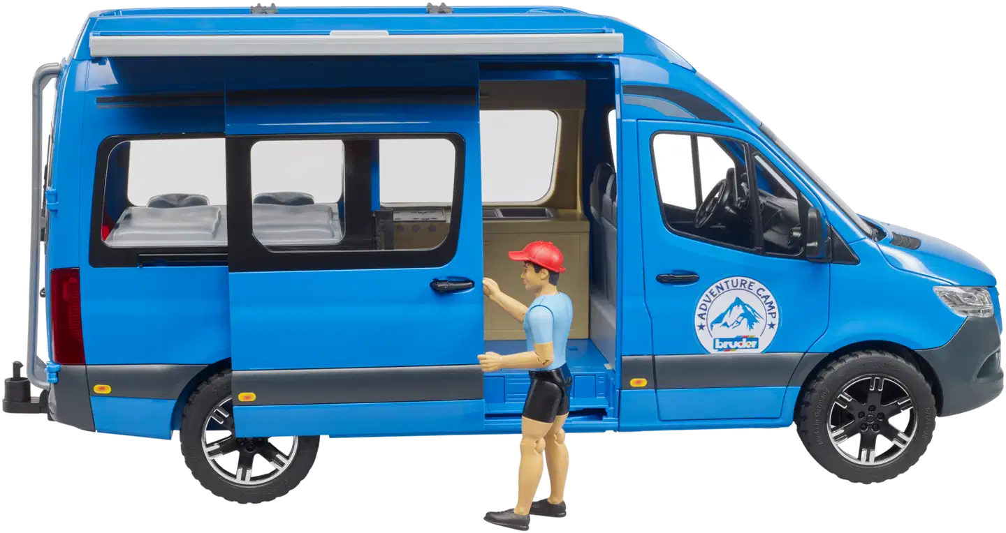 Bruder lelu MB Sprinter retkeilyauto kuljettajalla ja varusteilla - 3