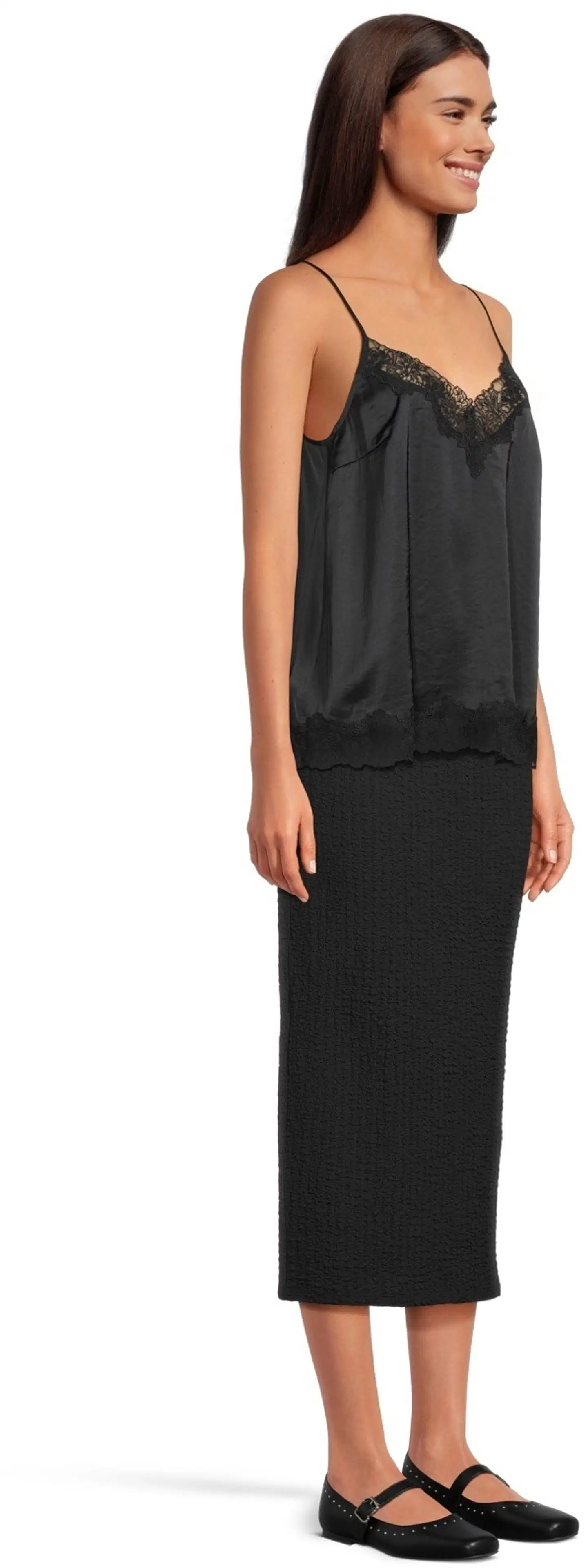 WKLY. Naisten satiini toppi, pitsisomisteet pääntiellä ja helmassa, säädettävä olkain - BLACK - 4