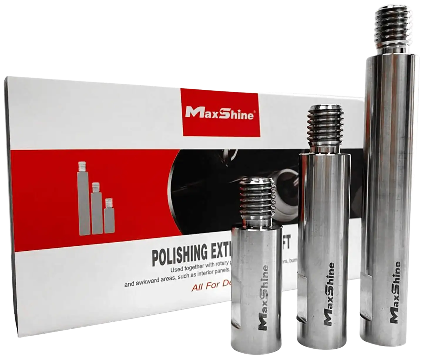 Maxshine kiillotuskoneen jatkovarsisetti 3 kpl – ruostumaton teräs, pituudet 50 mm, 80 mm ja 120 mm, M14/5/8" kierre, vaikeapääsyisten alueiden kiillotukseen - 1