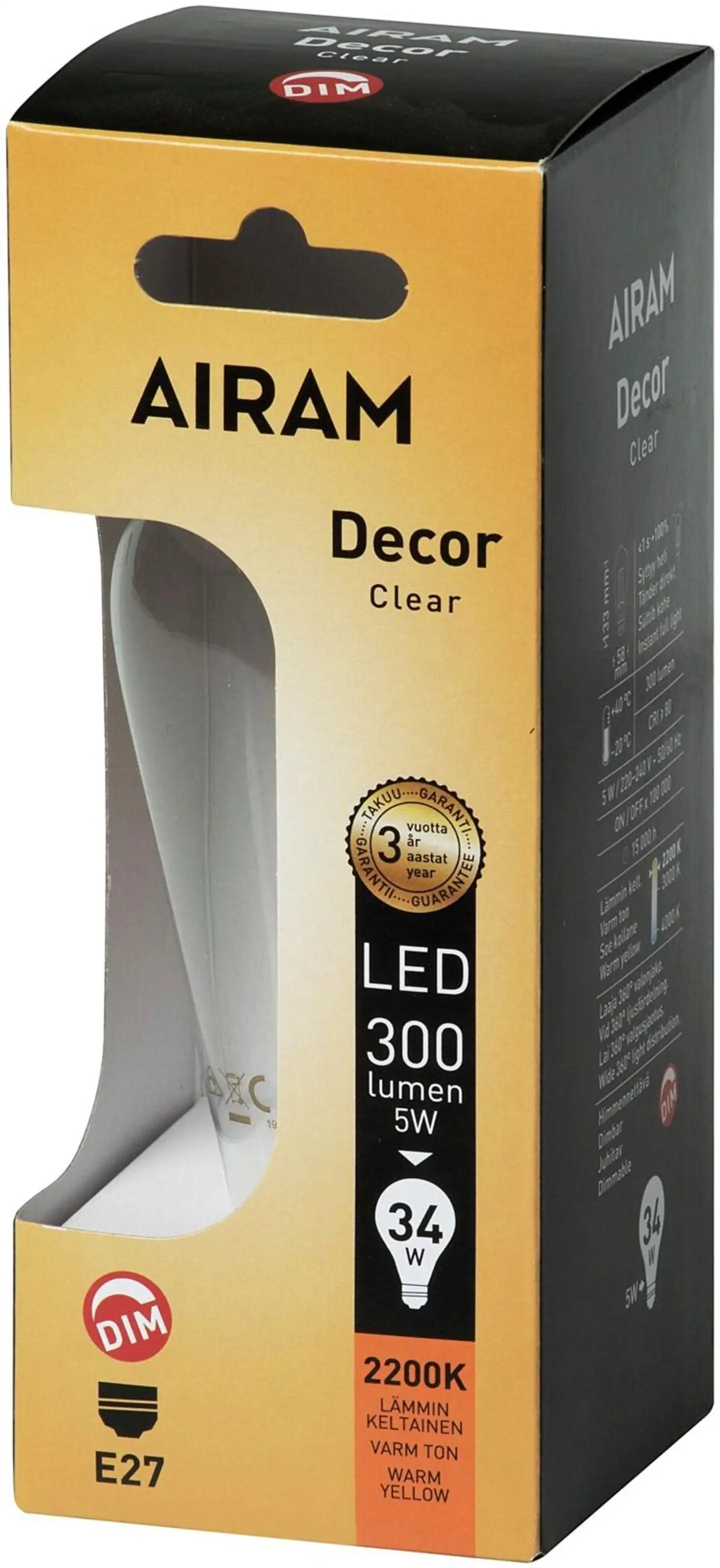 Airam led Decor Edison 3W 300lm 2200K kirkas E27 himmennettävä - 2