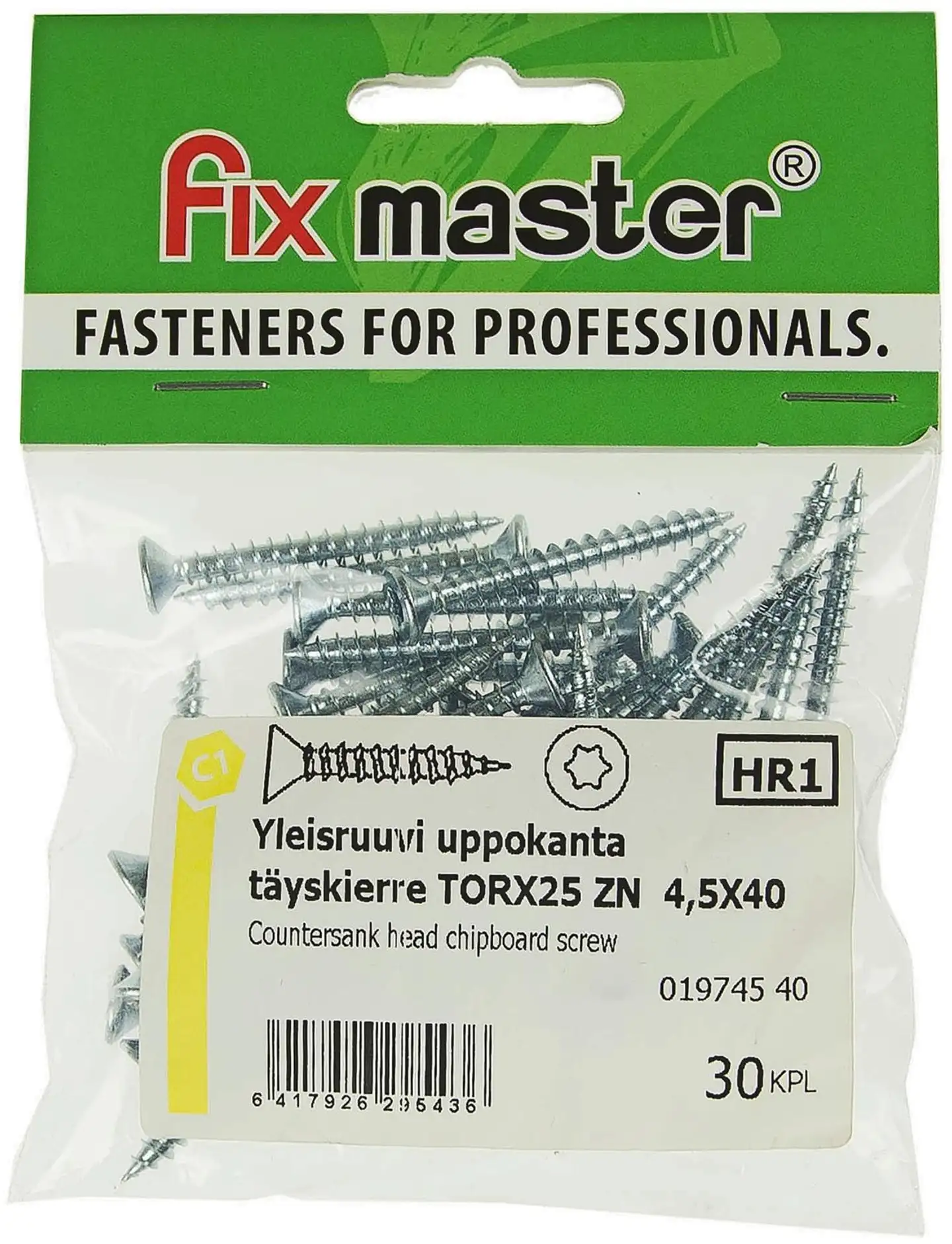 Fix Master yleisruuvi uppokanta täyskierre torx25 4,5X40 sinkitty 30kpl