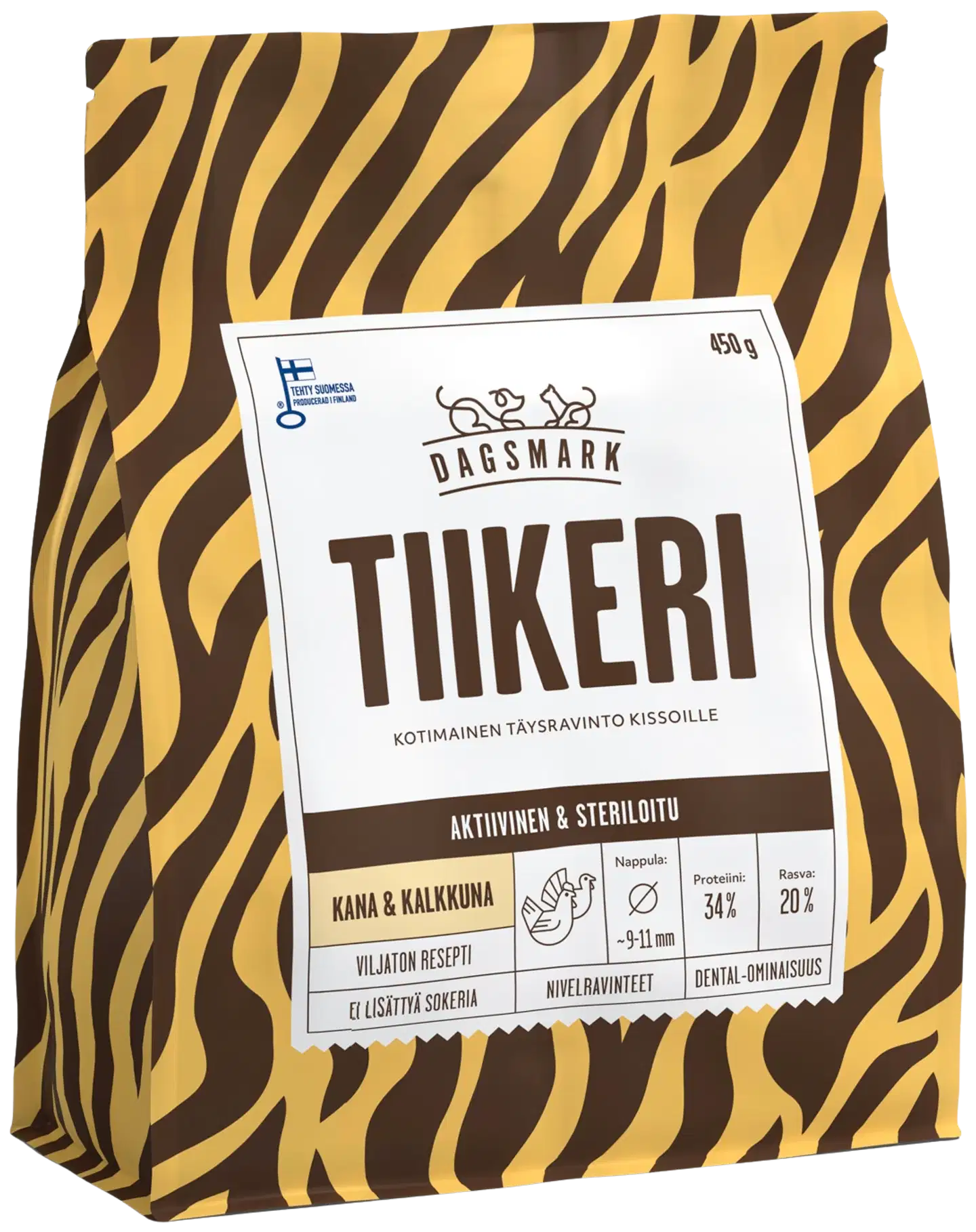 Dagsmark TIIKERI kana, kalkkuna viljaton täysravinto kissan kuivaruoka steriloiduille aktiivisille kissoille 450 g