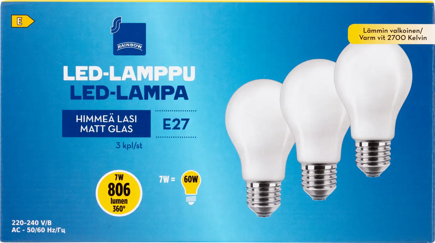 Rainbow LED-lamppu 7W E27 2700K 806lm himmeä lasi 3kpl - 1