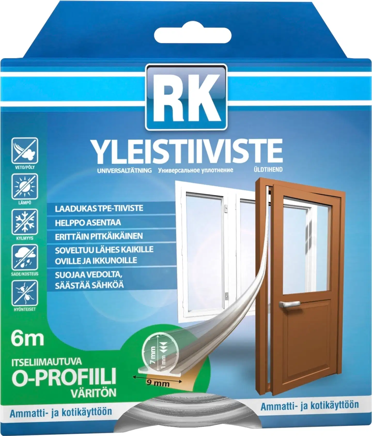 Ikkuna- ja ovitiiviste TPE O-profiili 7mm 6m kirkas