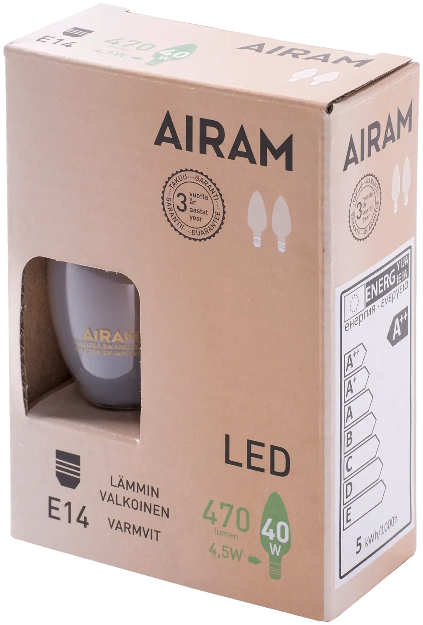 Airam Led himmeä 4,5W kynttilä E14 2700K 470lm 12 000h 2pack - 1