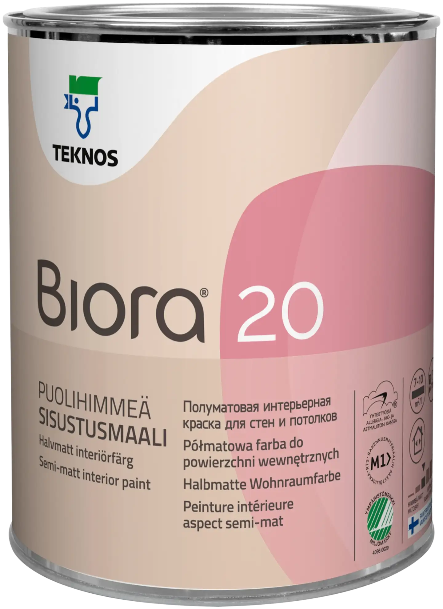 Teknos sisustusmaali Biora 20 0,9 l PM1 valkoinen sävytettävissä puolihimmeä