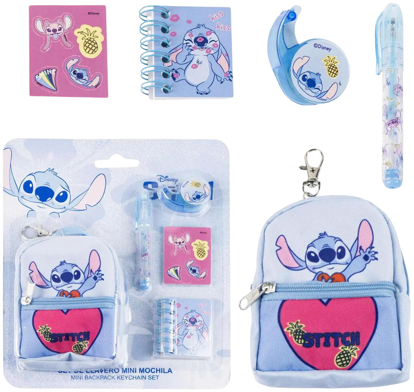 Stitch mini reppu kirjoitussetti, sis. Tarroja, mini kierrevihkon, koristeteipin, geelikynän & mini repun