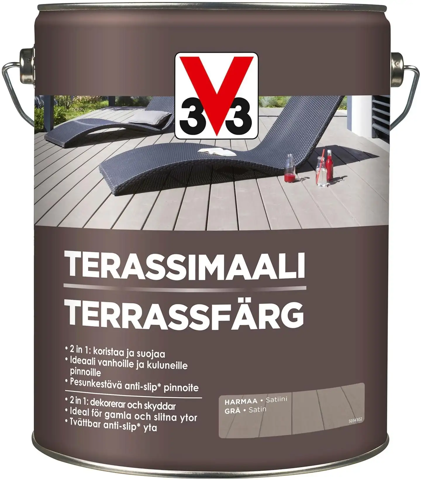 V33 5l terassimaali puulle vesiohenteinen harmaa